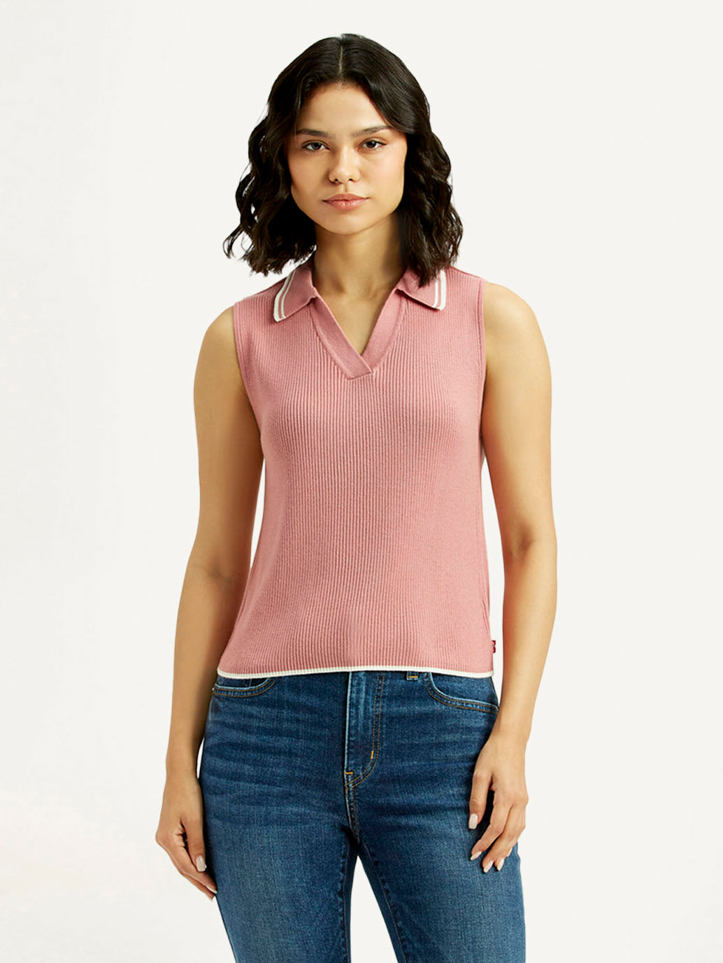 Women's Self Design Pink Polo Collar Top - Front View