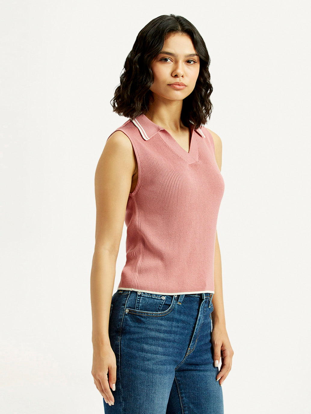 Women's Self Design Pink Polo Collar Top - Side View