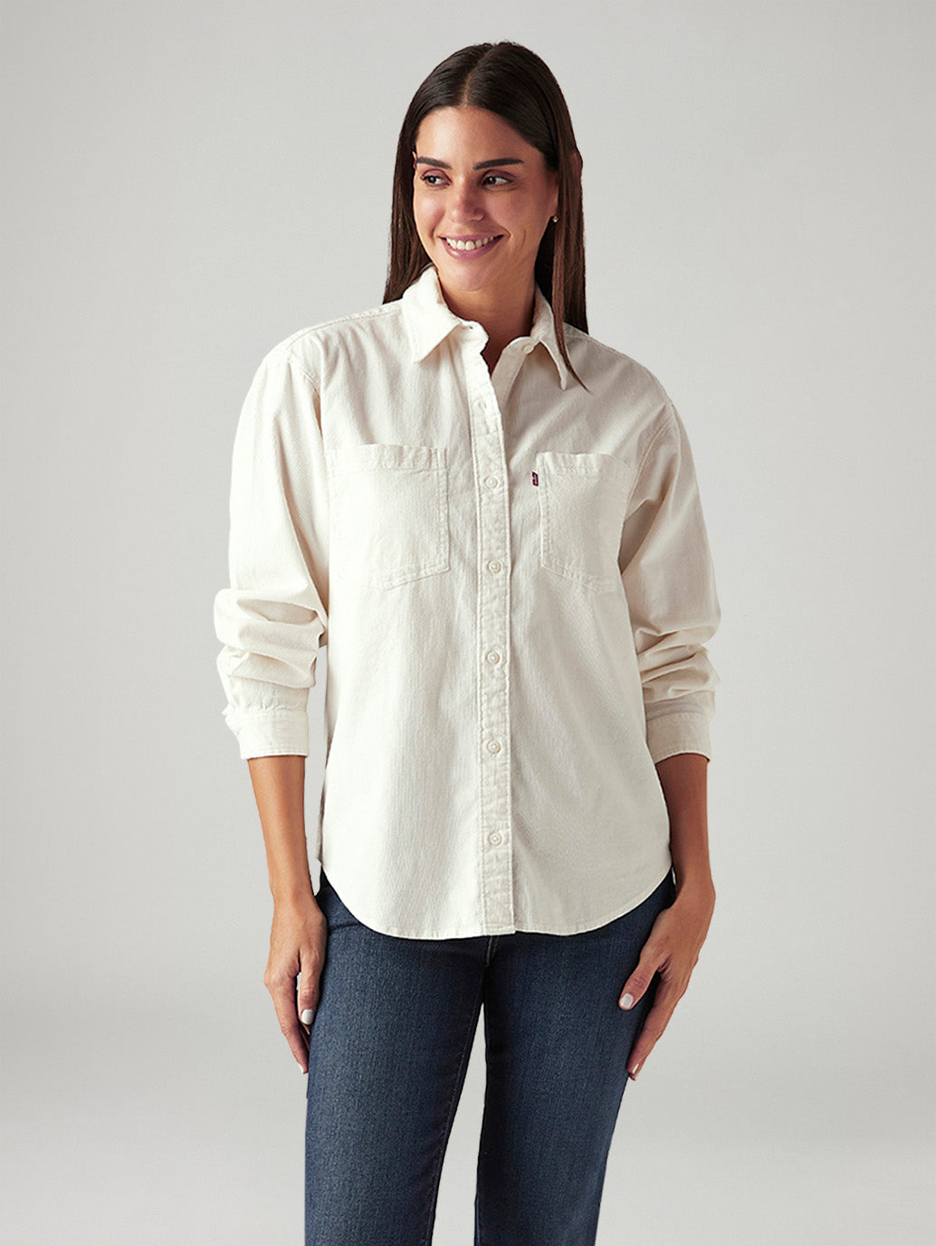 Women's Solid Off White Spread Collar Shirt - Styleshot View