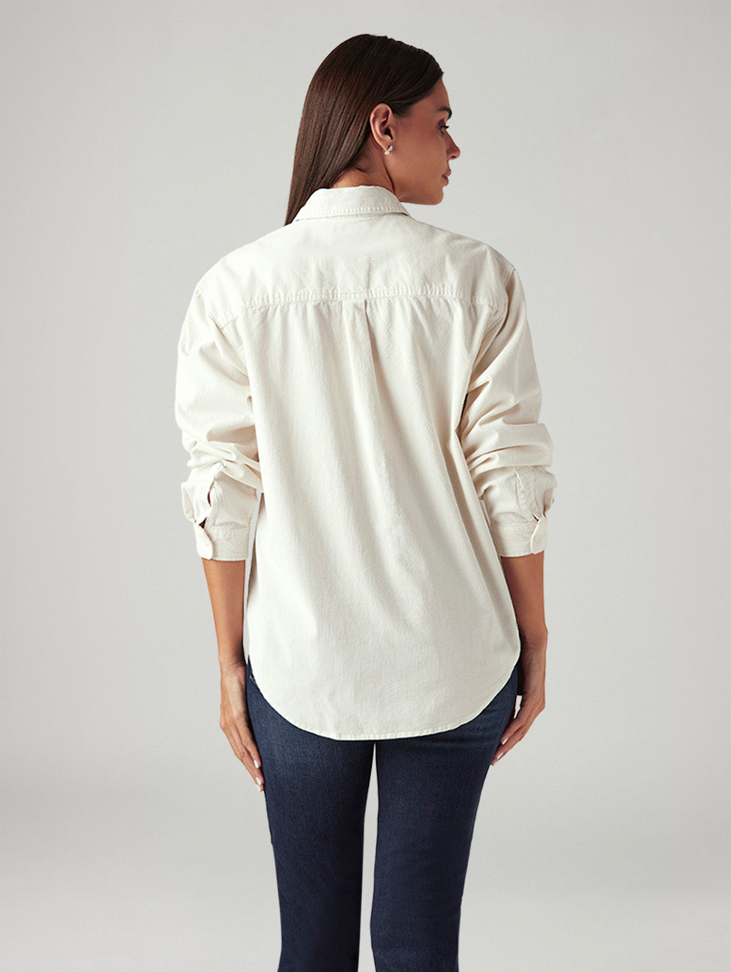 Women's Solid Off White Spread Collar Shirt - Back View