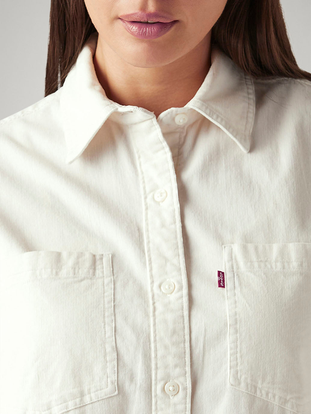Women's Solid Off White Spread Collar Shirt - Detail View