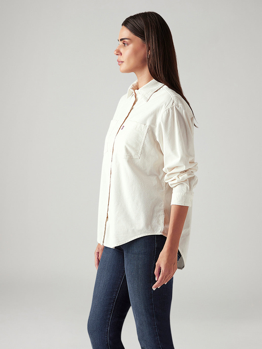 Women's Solid Off White Spread Collar Shirt - Side View