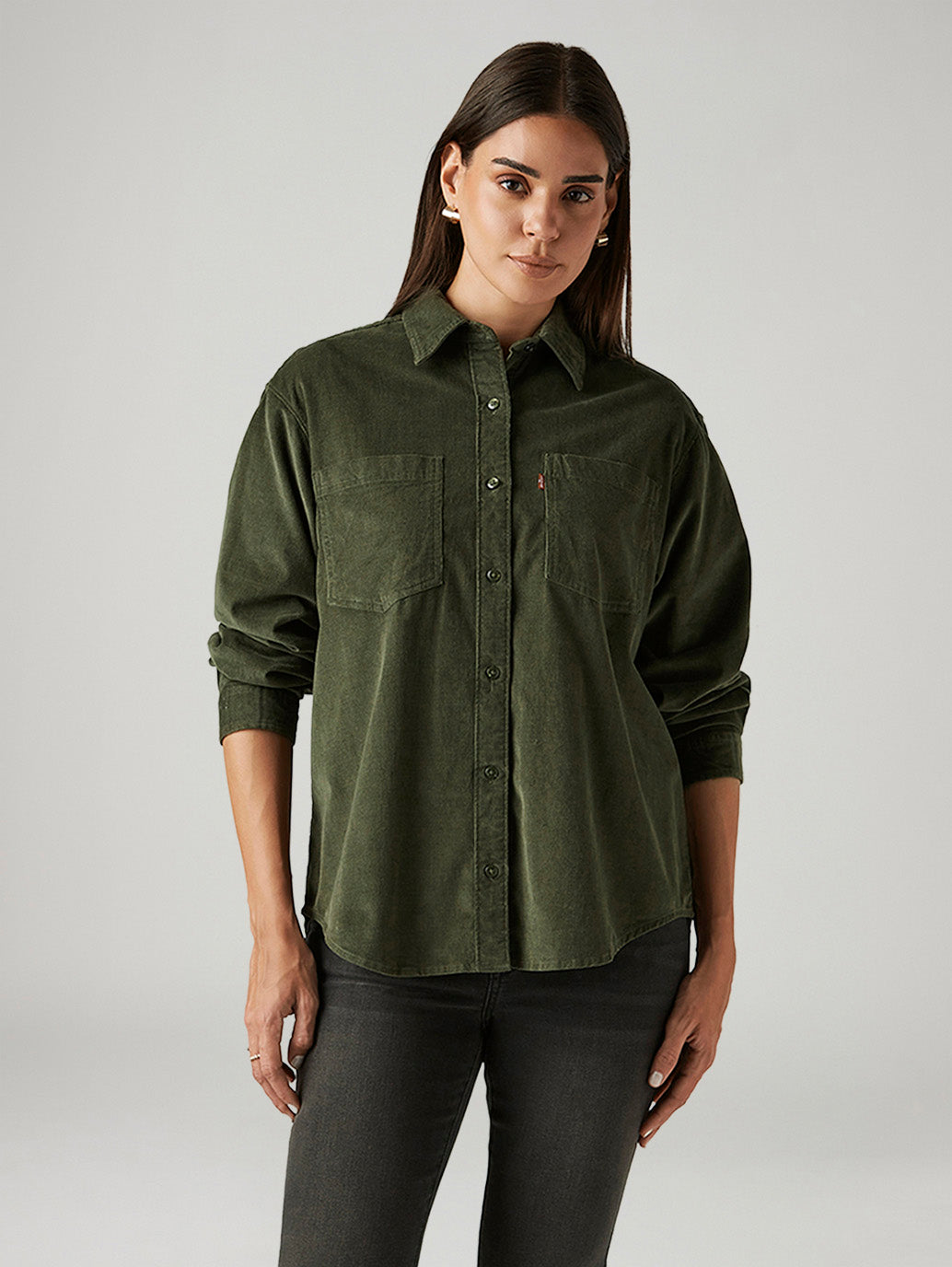 Women's Solid Olive Spread Collar Shirt - Front View