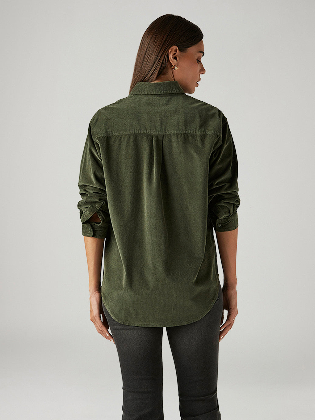 Women's Solid Olive Spread Collar Shirt - Back View