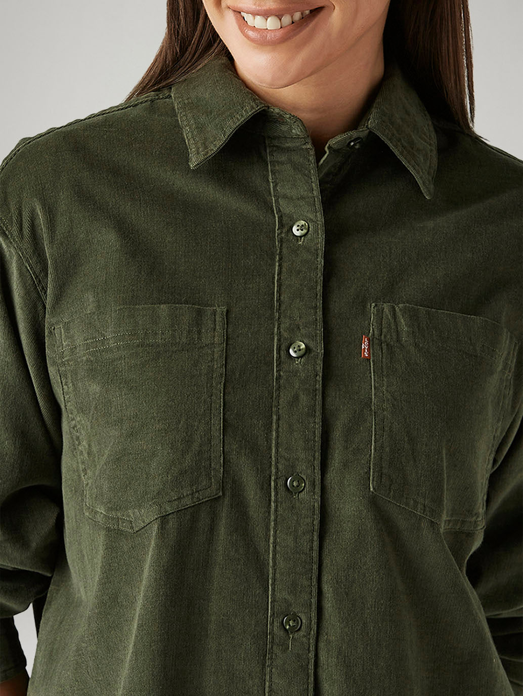 Women's Solid Olive Spread Collar Shirt - Detail View