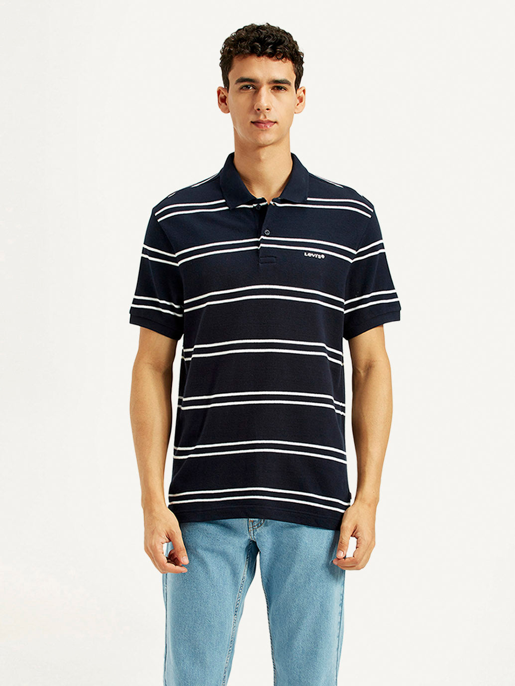 Men's Striped Slim Fit Polo T-shirt - Front View