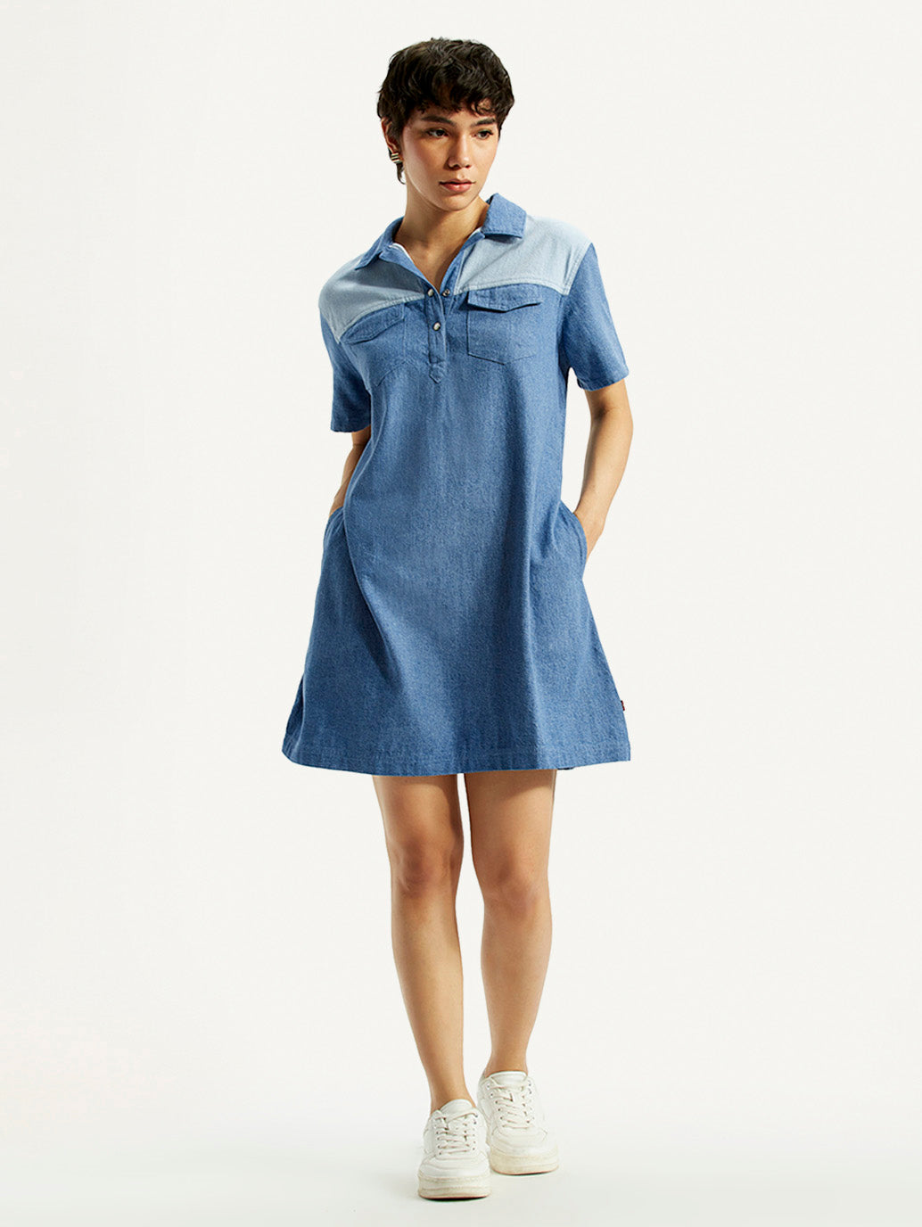 Women's Solid Indigo Shirt Collar Denim Dress - Styleshot View