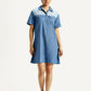 Women's Solid Indigo Shirt Collar Denim Dress - Front View