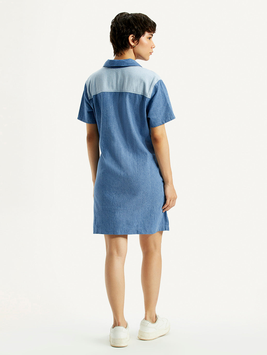 Women's Solid Indigo Shirt Collar Denim Dress - Back View