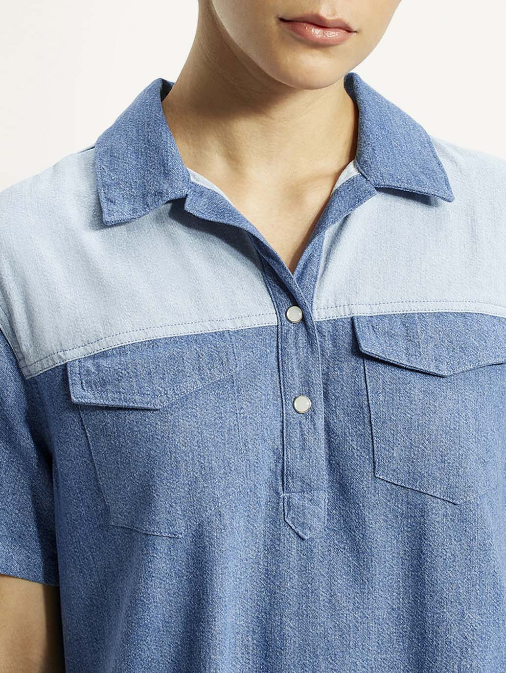 Women's Solid Indigo Shirt Collar Denim Dress - Detail View