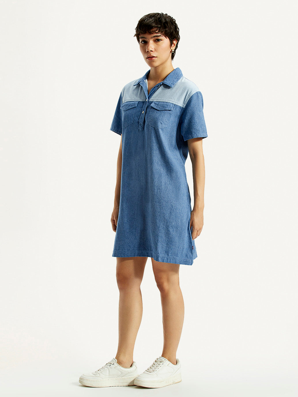 Women's Solid Indigo Shirt Collar Denim Dress - Side View