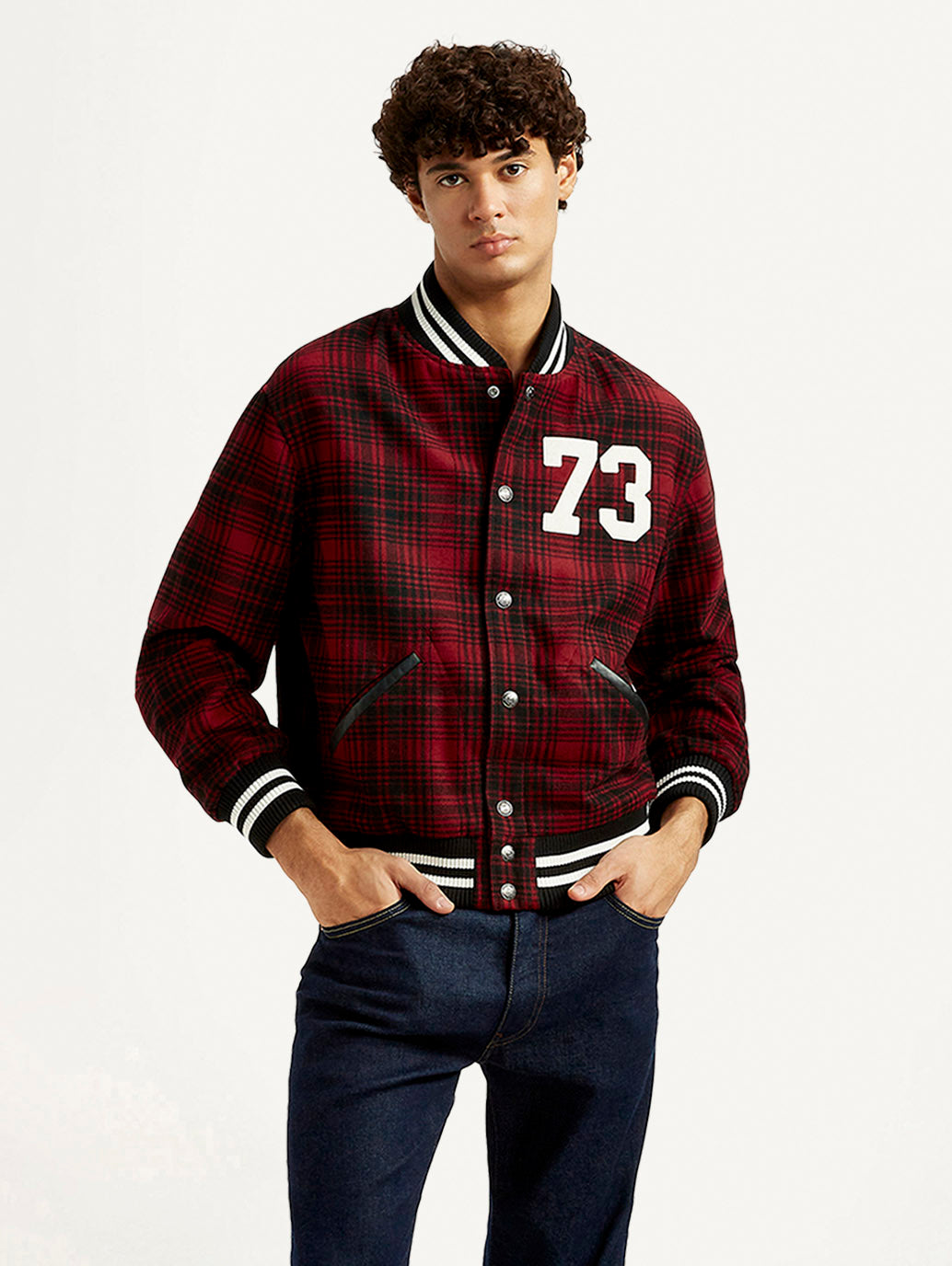 Men's Plaid Red Varsity Jacket - Styleshot View