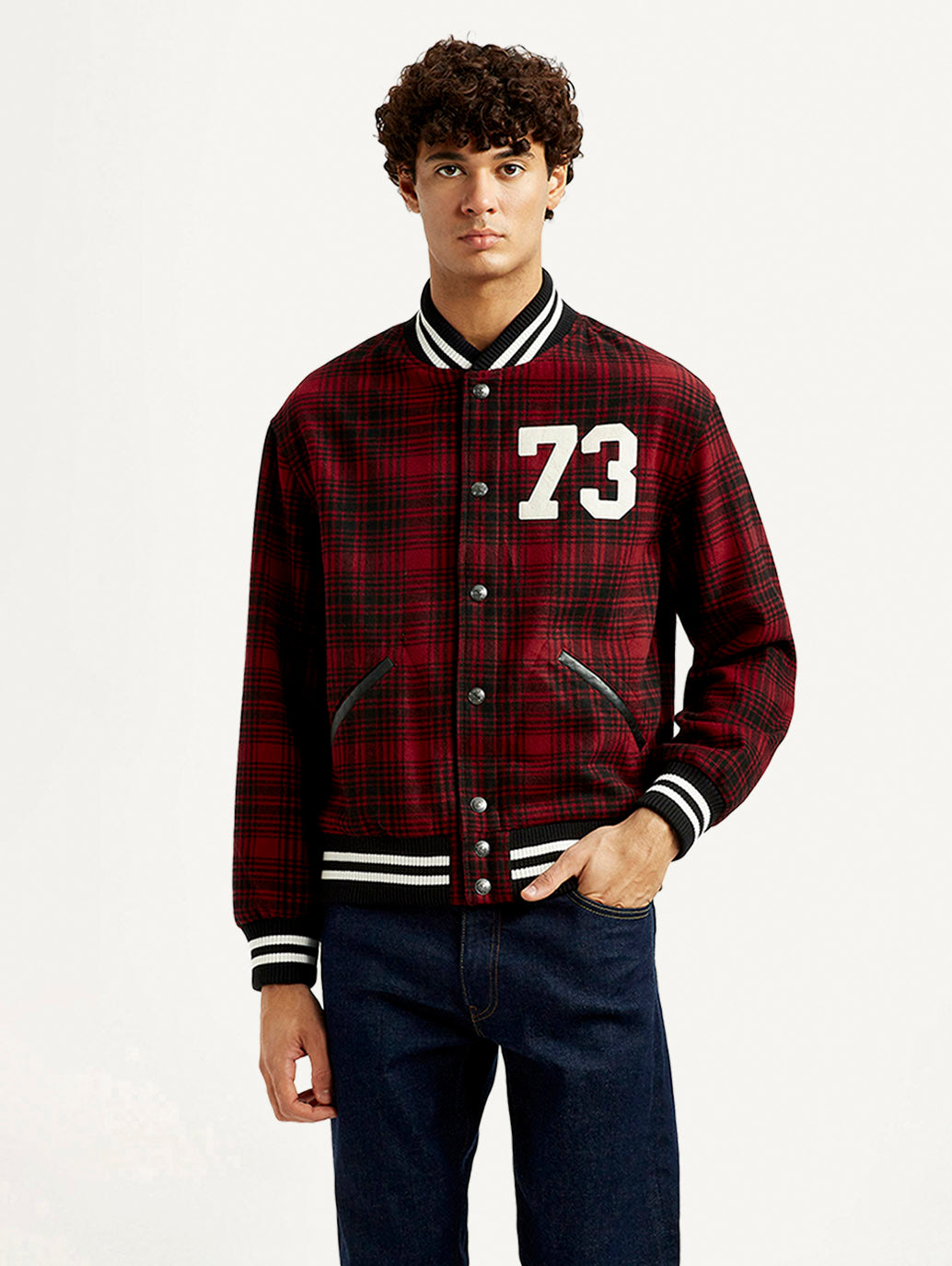 Men's Plaid Red Varsity Jacket - Front View