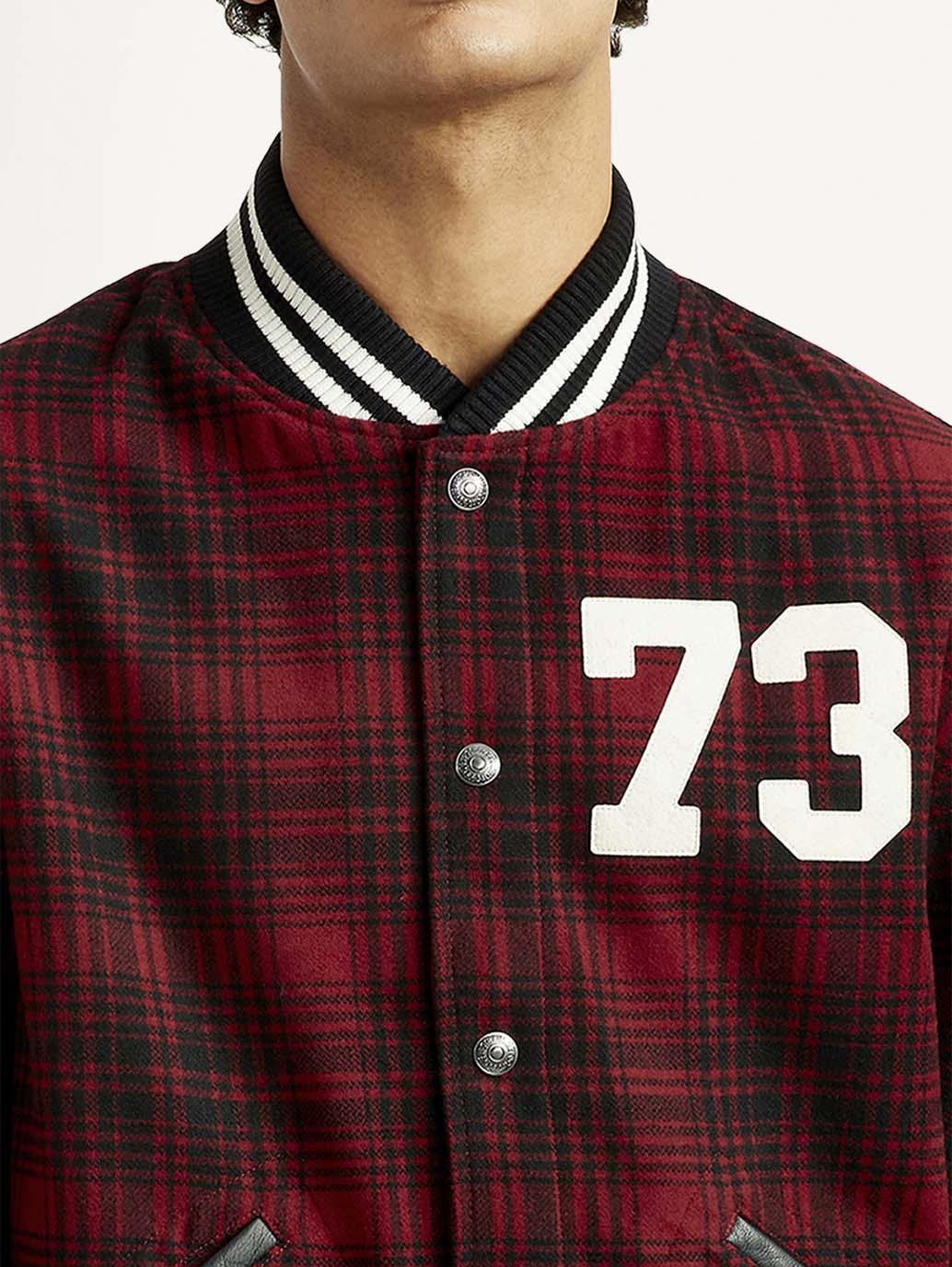 Men's Plaid Red Varsity Jacket - Detail View