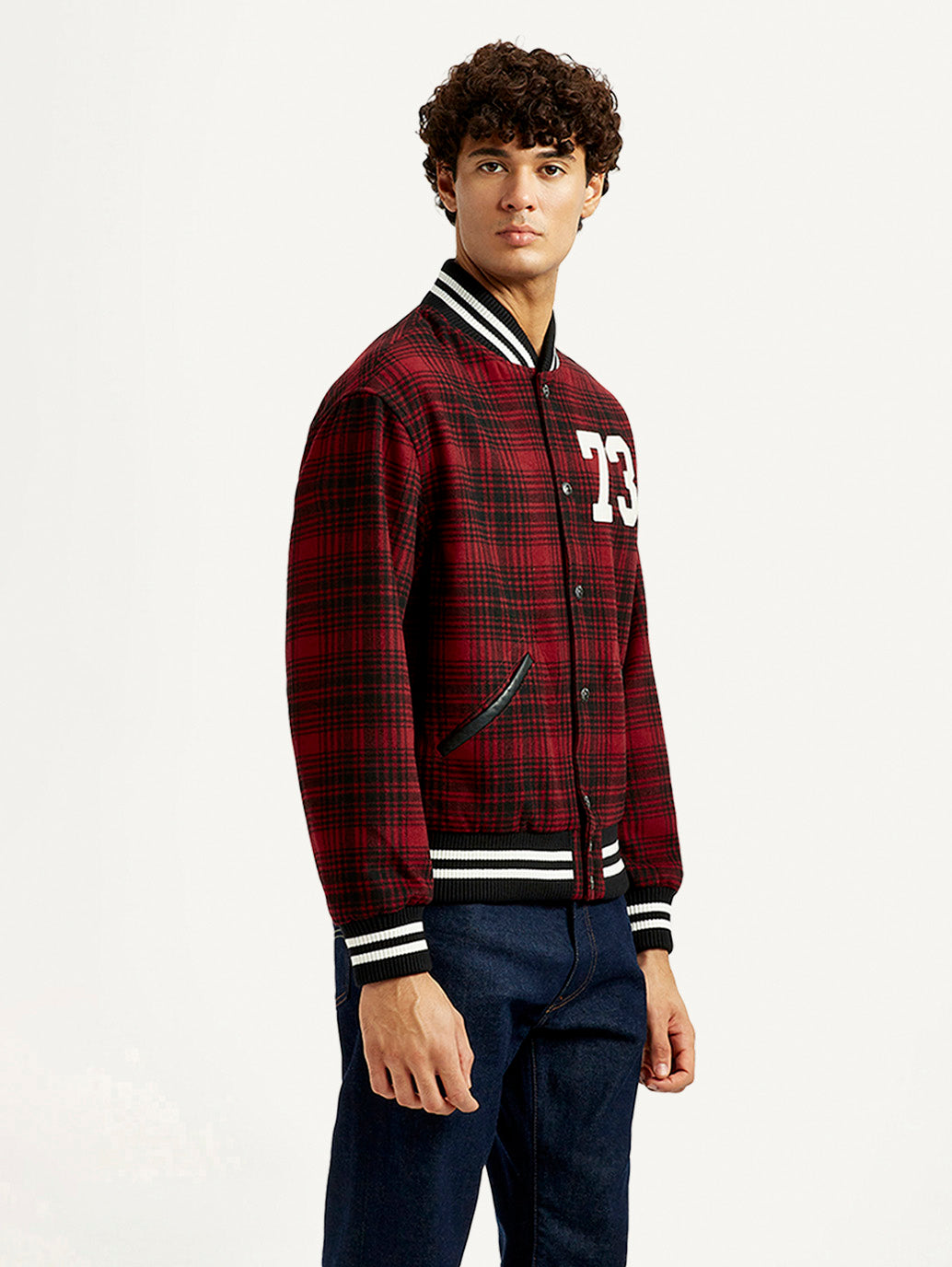 Men's Plaid Red Varsity Jacket - Side View