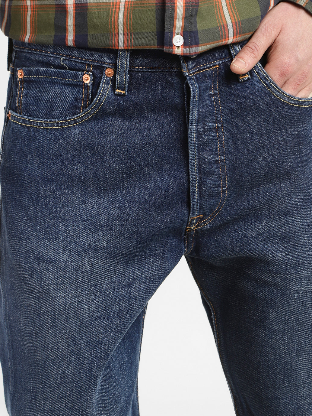 Men's 501 Blue Straight Fit Mid Rise Jeans - Frontdetails View