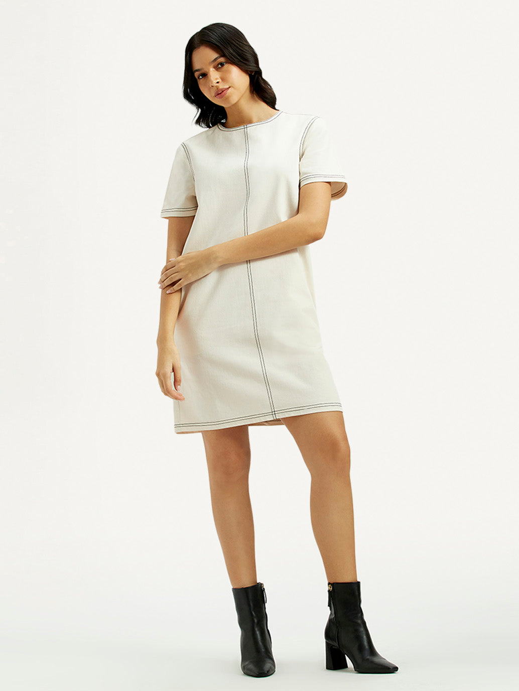 Women's Solid White Round Neck Denim Dress - Styleshot View