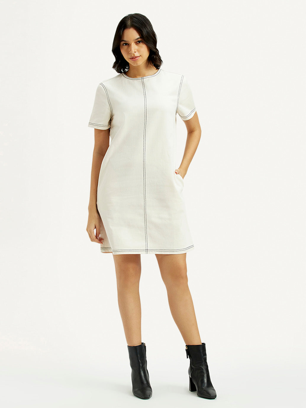 Women's Solid White Round Neck Denim Dress - Front View