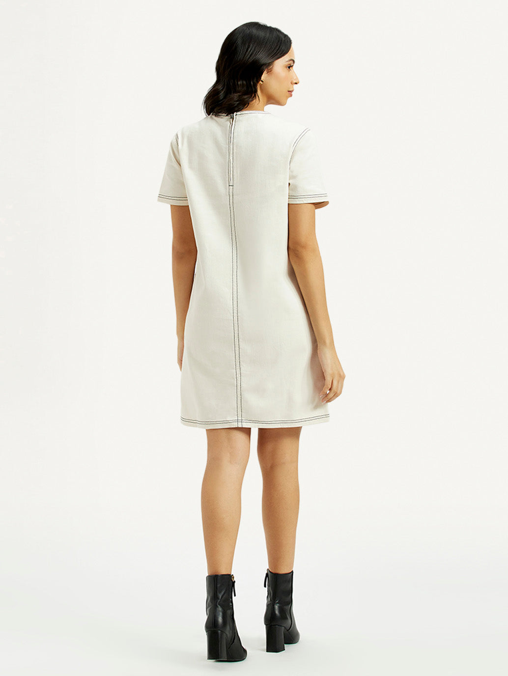 Women's Solid White Round Neck Denim Dress - Back View
