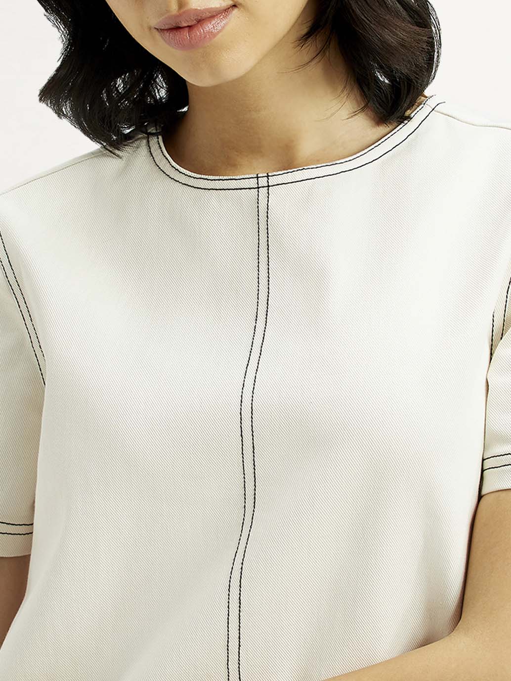 Women's Solid White Round Neck Denim Dress - Detail View