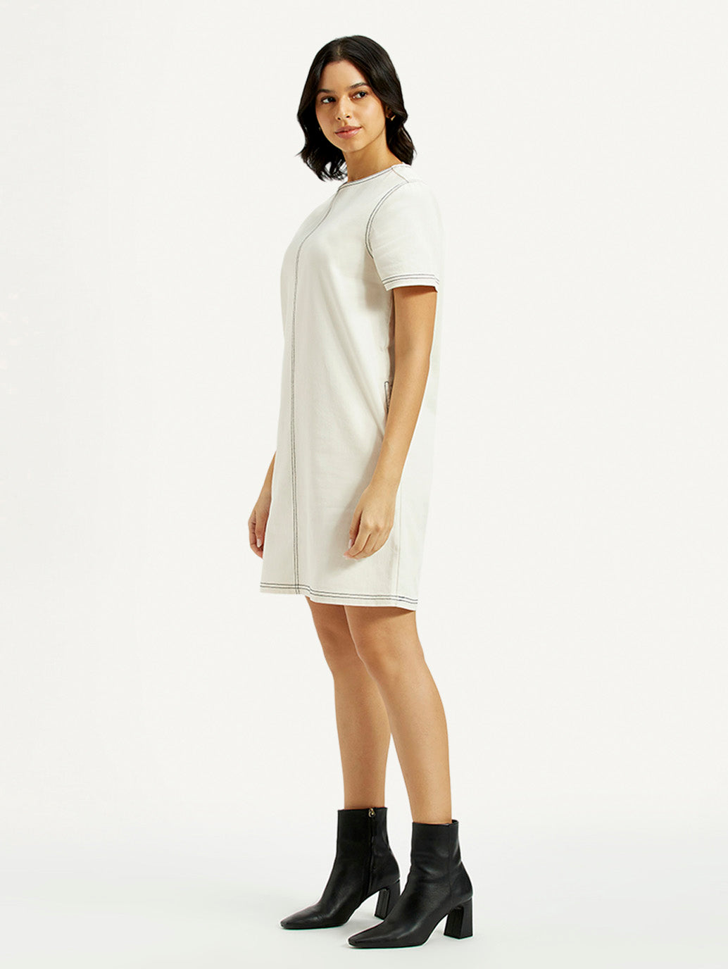 Women's Solid White Round Neck Denim Dress - Side View