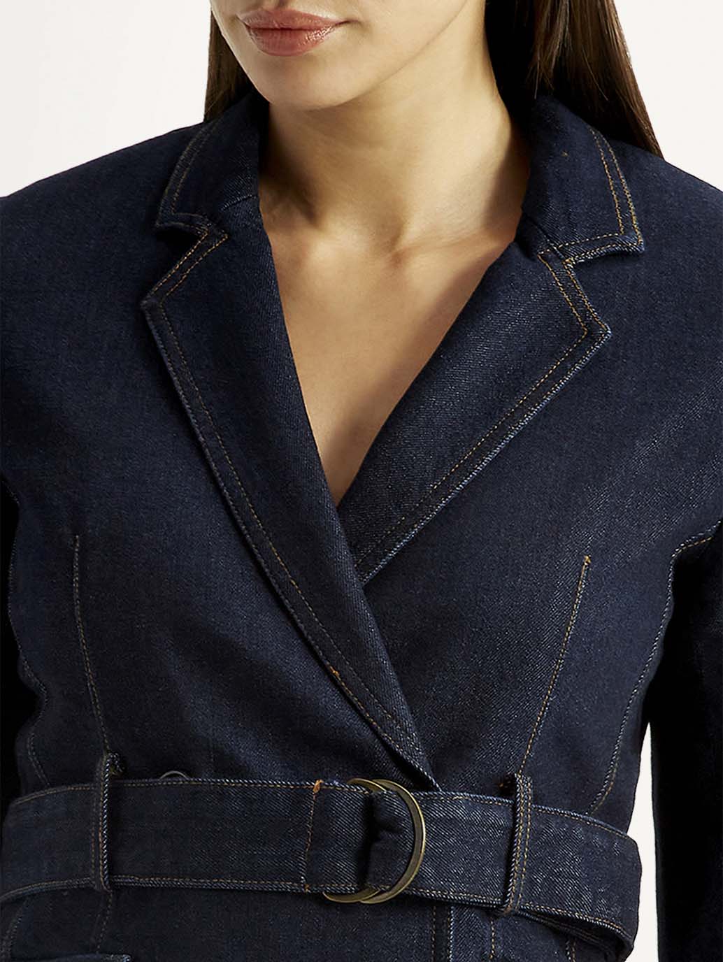 Women's Solid Dark Blue Notched Lapel Dress - Detail View