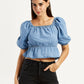 Women's Solid Blue Square Neck Top - Styleshot View