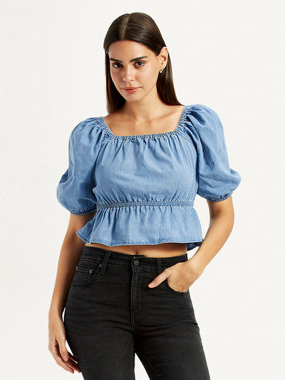 Women's Solid Blue Square Neck Top