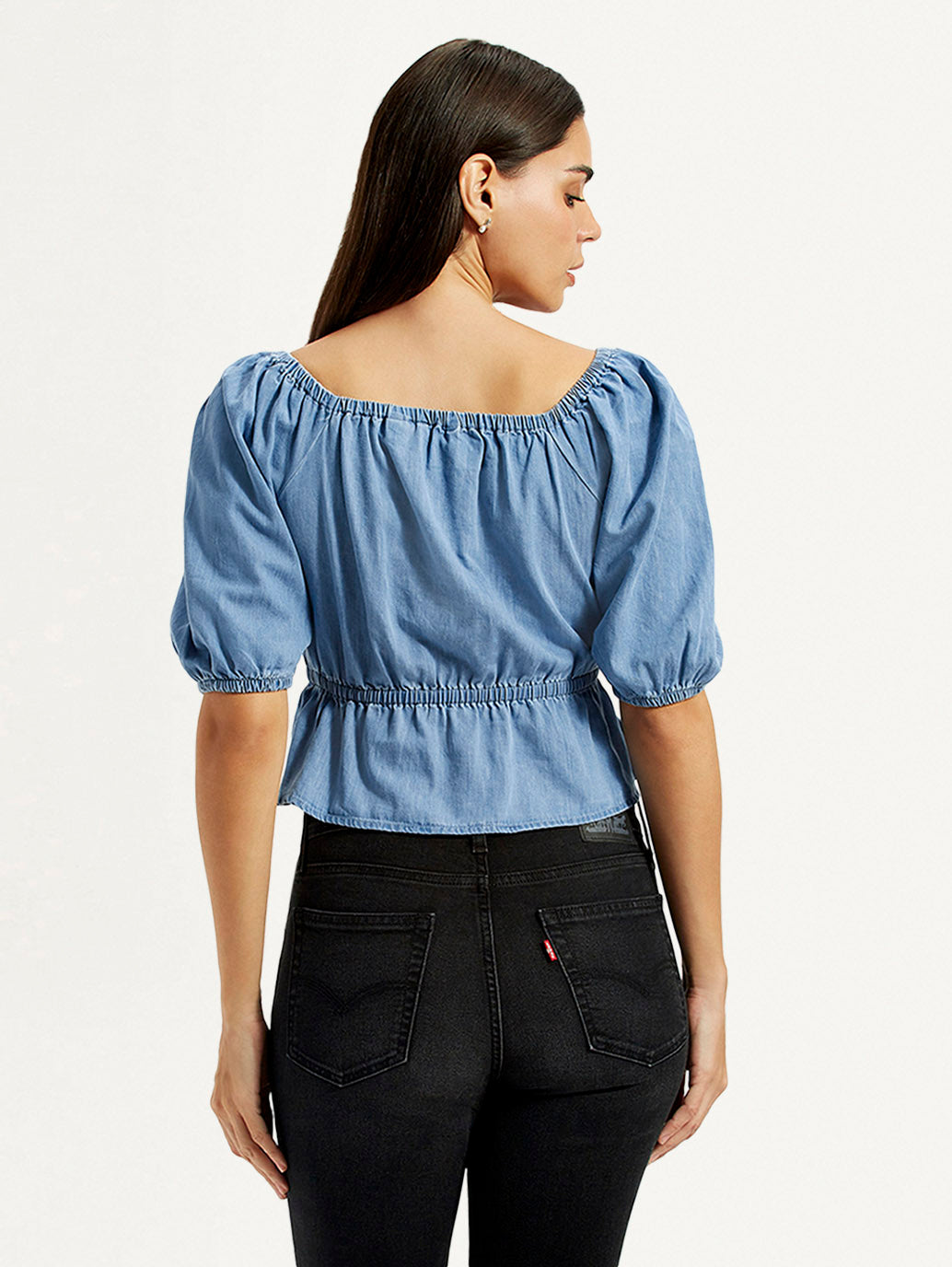 Women's Solid Blue Square Neck Top - Back View