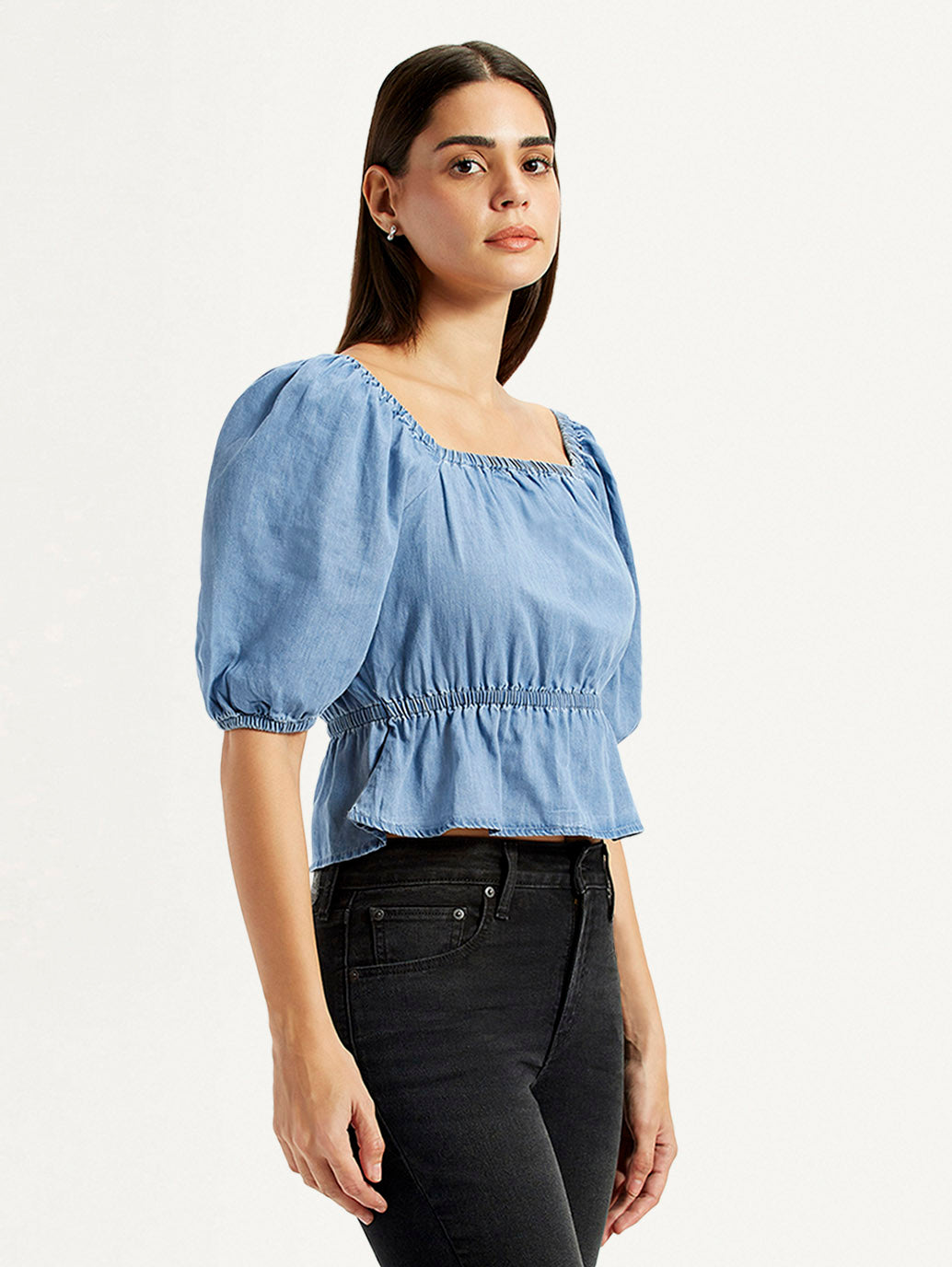 Women's Solid Blue Square Neck Top - Side View