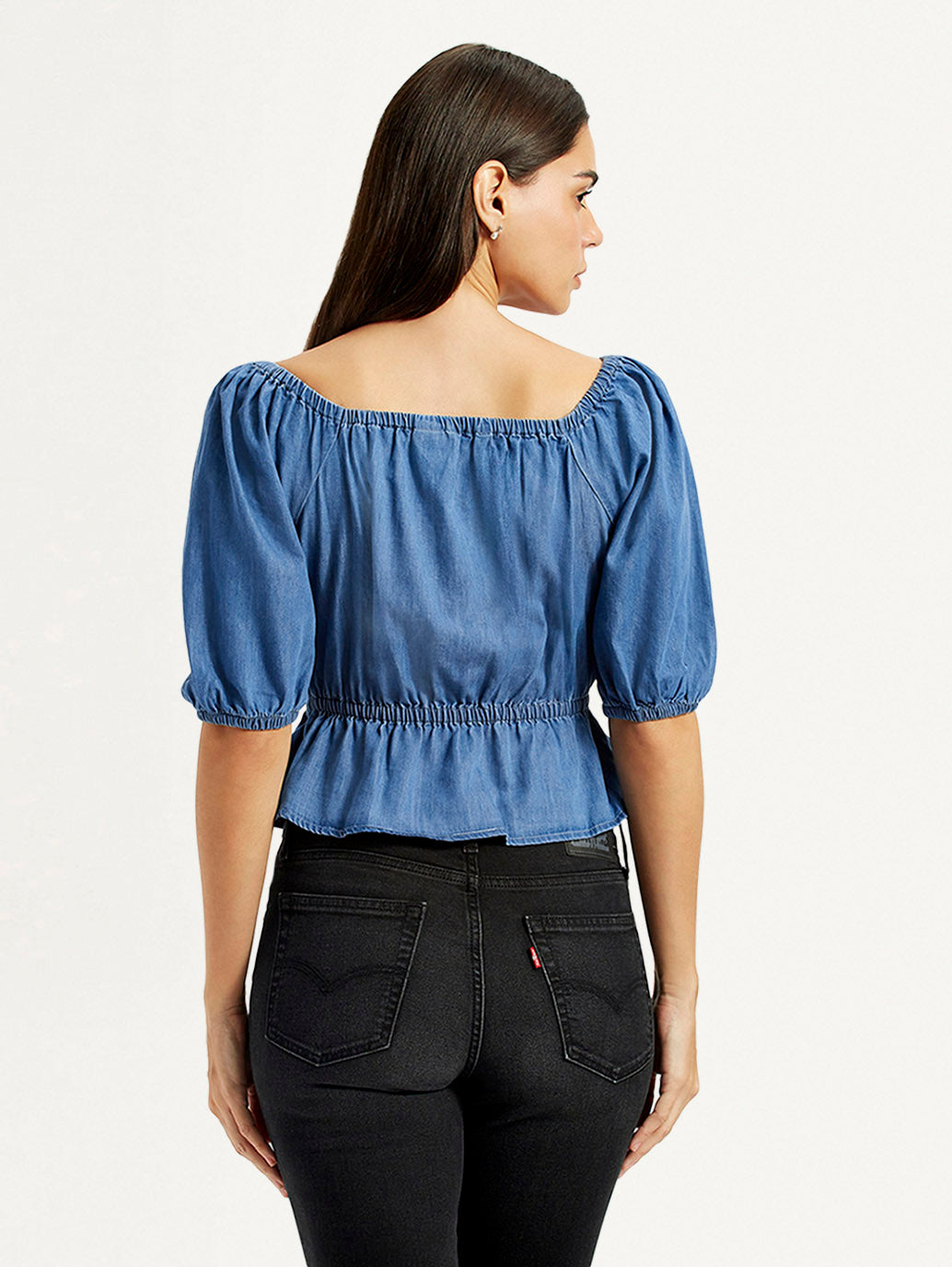 Women's Solid Dark Blue Square Neck Top - Back View