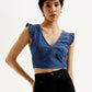 Women's Solid Blue V-Neck Denim Crop Top - Styleshot View