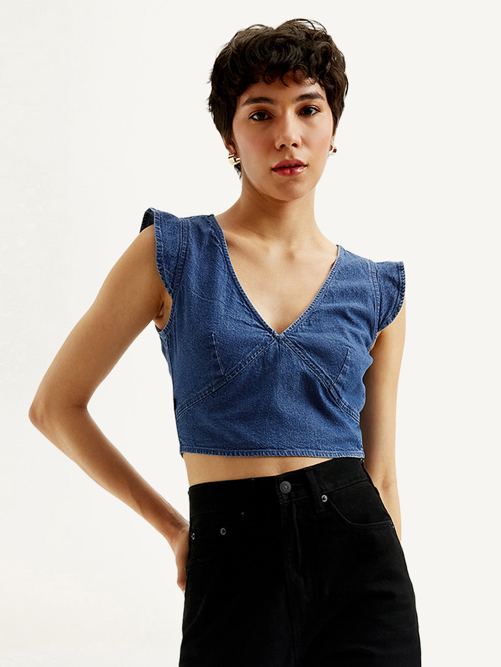 Women's Solid Blue V-Neck Denim Crop Top - Styleshot View