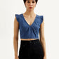 Women's Solid Blue V-Neck Denim Crop Top - Front View