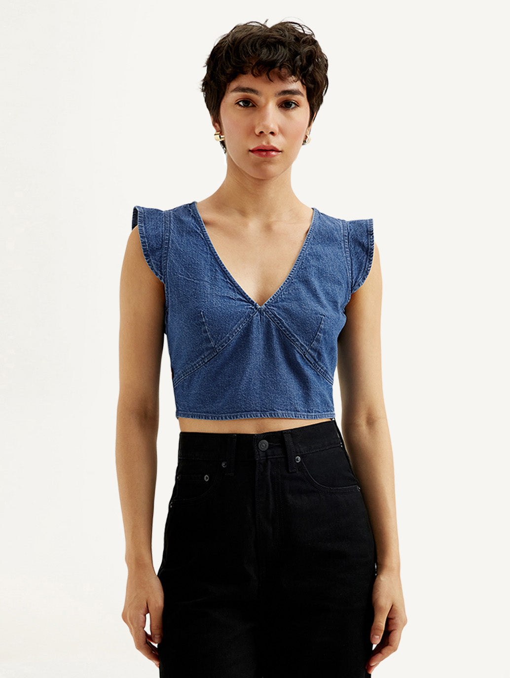 Women's Solid Blue V-Neck Denim Crop Top