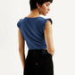 Women's Solid Blue V-Neck Denim Crop Top - Back View