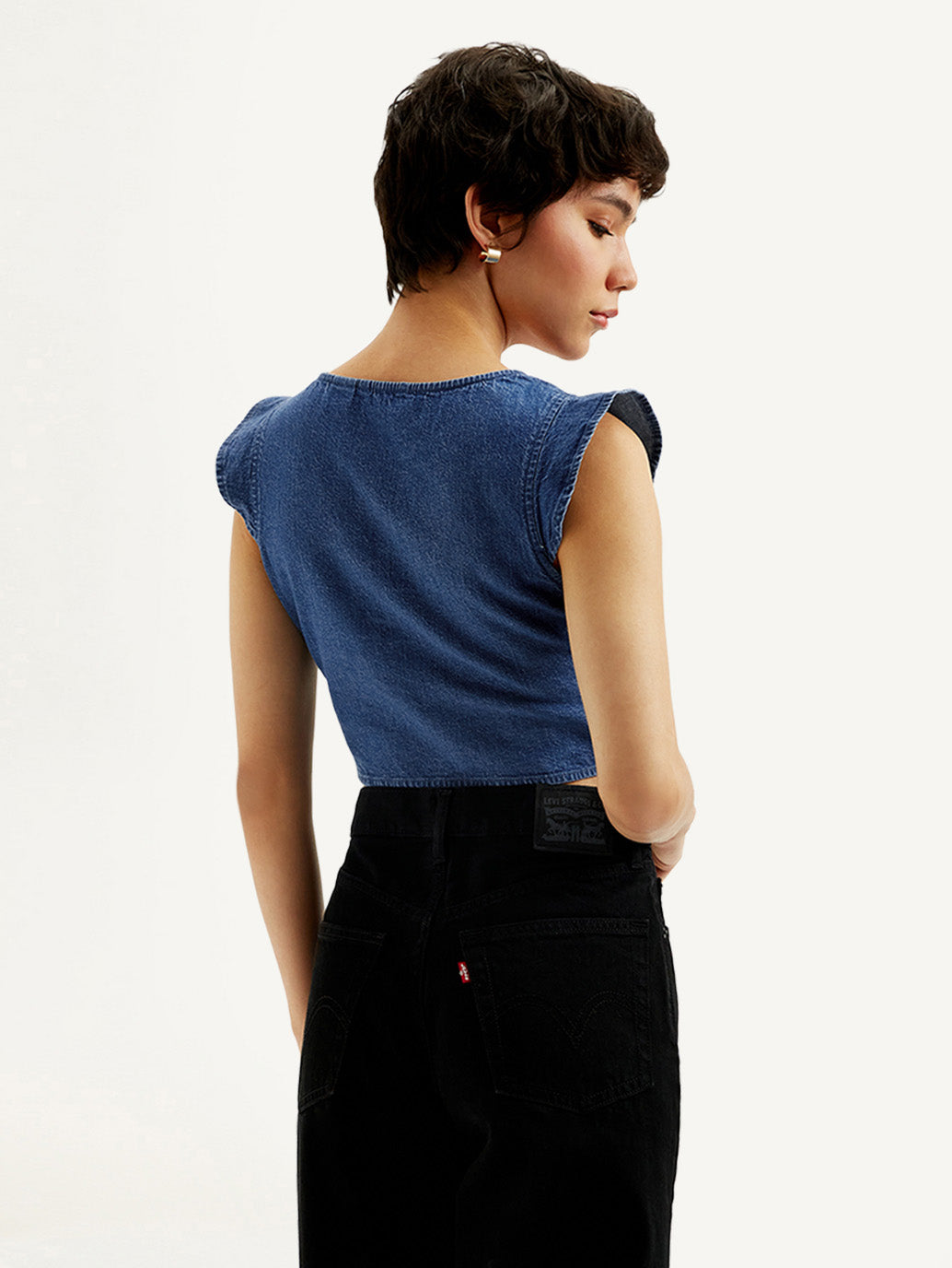 Women's Solid Blue V-Neck Denim Crop Top - Back View