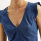 Women's Solid Blue V-Neck Denim Crop Top - Detail View