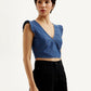 Women's Solid Blue V-Neck Denim Crop Top - Side View