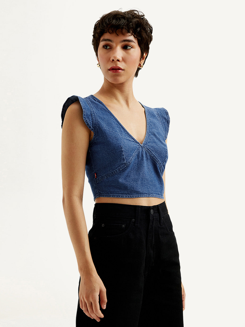 Women's Solid Blue V-Neck Denim Crop Top - Side View
