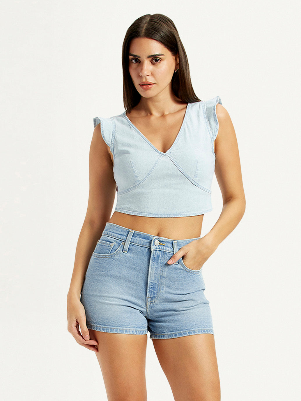 Women's Solid Light-Blue V-Neck Top