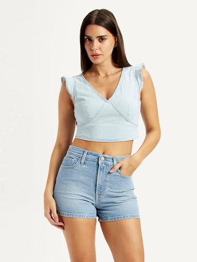 levi's Women's Solid Light-Blue V-Neck Top-picture-13