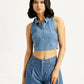 Women's Solid Blue Polo Collar Denim Crop Top - Styleshot View