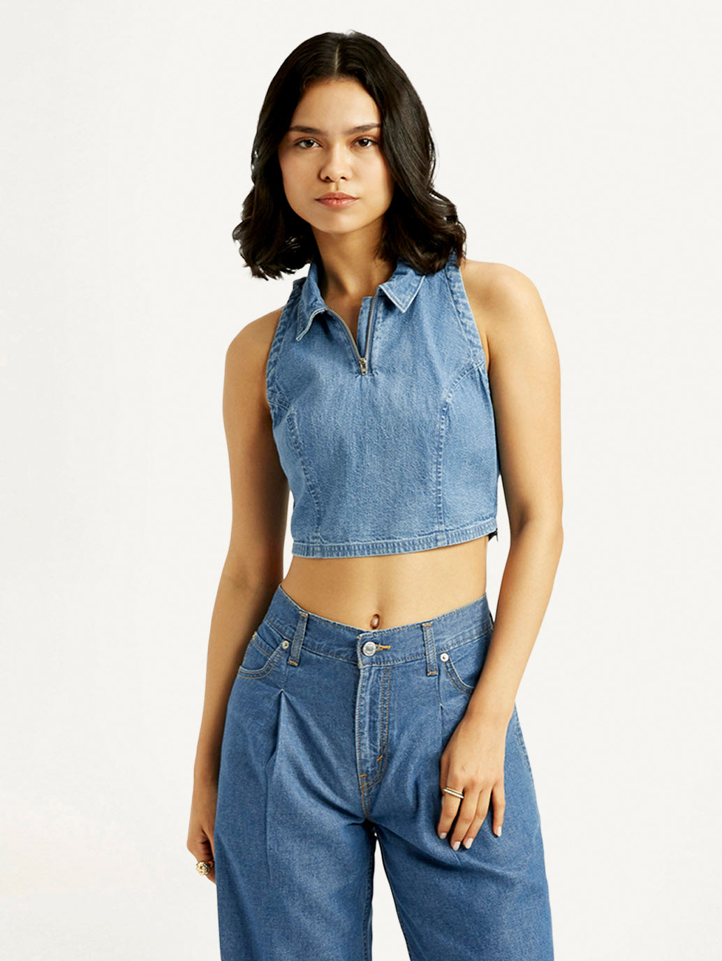 Women's Solid Blue Polo Collar Denim Crop Top - Styleshot View