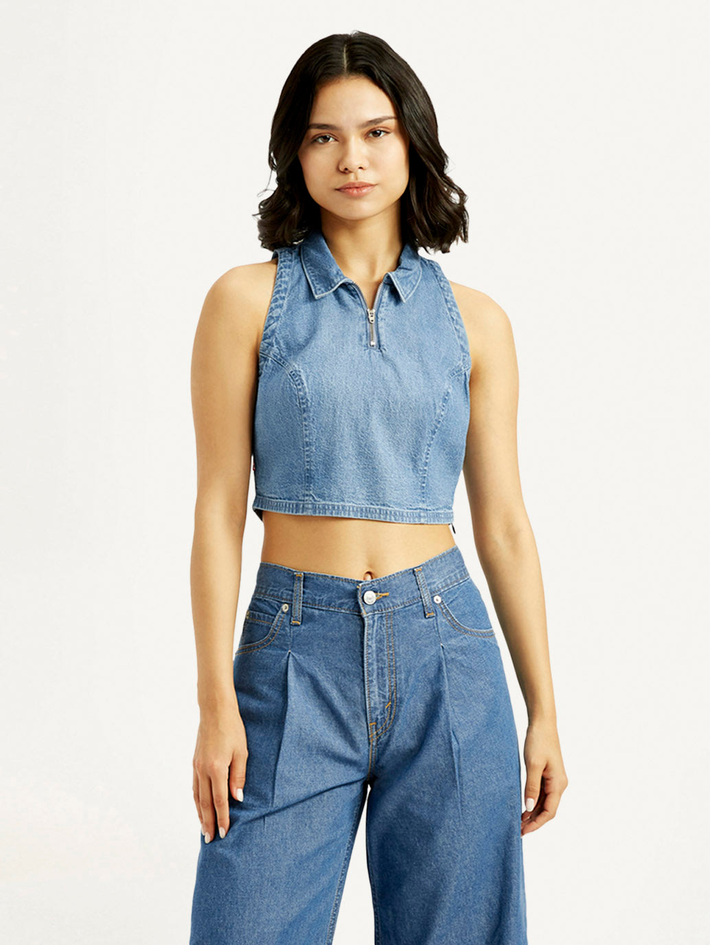 Women's Solid Blue Polo Collar Denim Crop Top - Front View