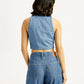Women's Solid Blue Polo Collar Denim Crop Top - Back View