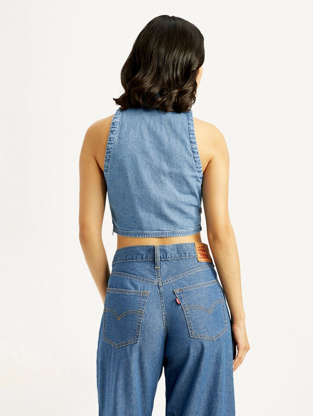 Women's Solid Blue Polo Collar Denim Crop Top - Back View