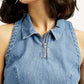 Women's Solid Blue Polo Collar Denim Crop Top - Detail View