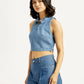 Women's Solid Blue Polo Collar Denim Crop Top - Side View