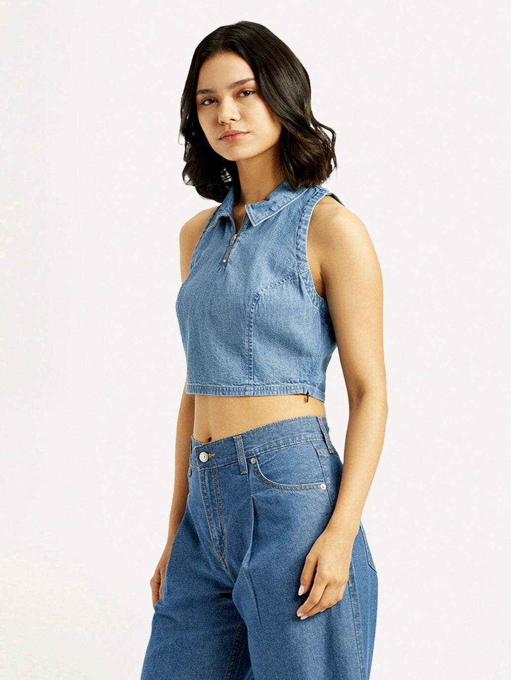 Women's Solid Blue Polo Collar Denim Crop Top - Side View